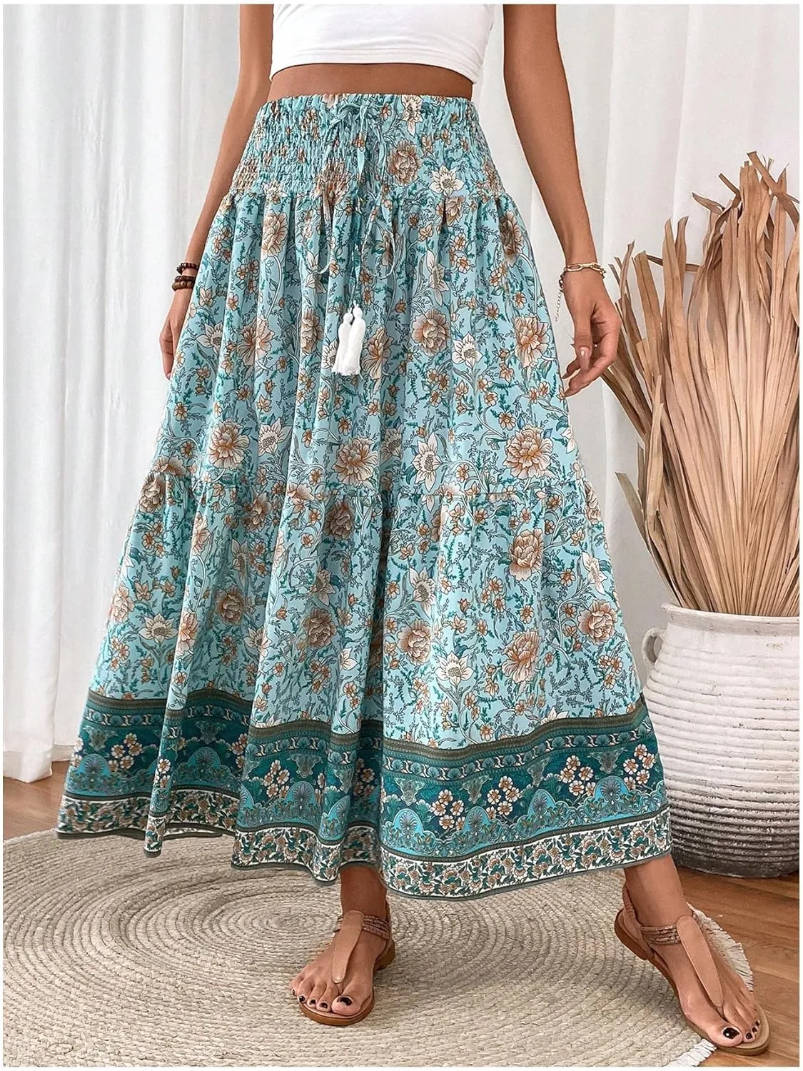 Milumia Women Boho Floral Maxi Skirt High Waist Vacation Flowy Long Skirts