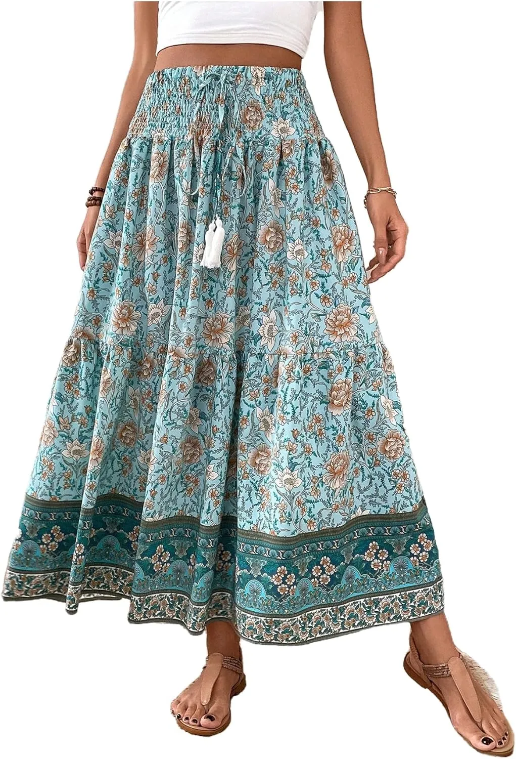 Milumia Women Boho Floral Maxi Skirt High Waist Vacation Flowy Long Skirts