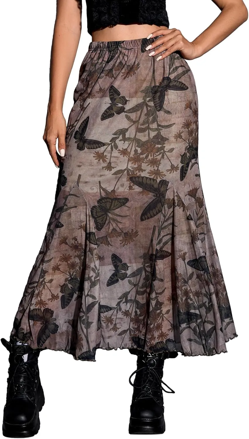 Milumia Women's Y2k Gothic Butterfly Print Mesh Maxi Skirt Flowy Long Skirts