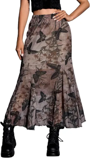 Milumia Women's Y2k Gothic Butterfly Print Mesh Maxi Skirt Flowy Long Skirts