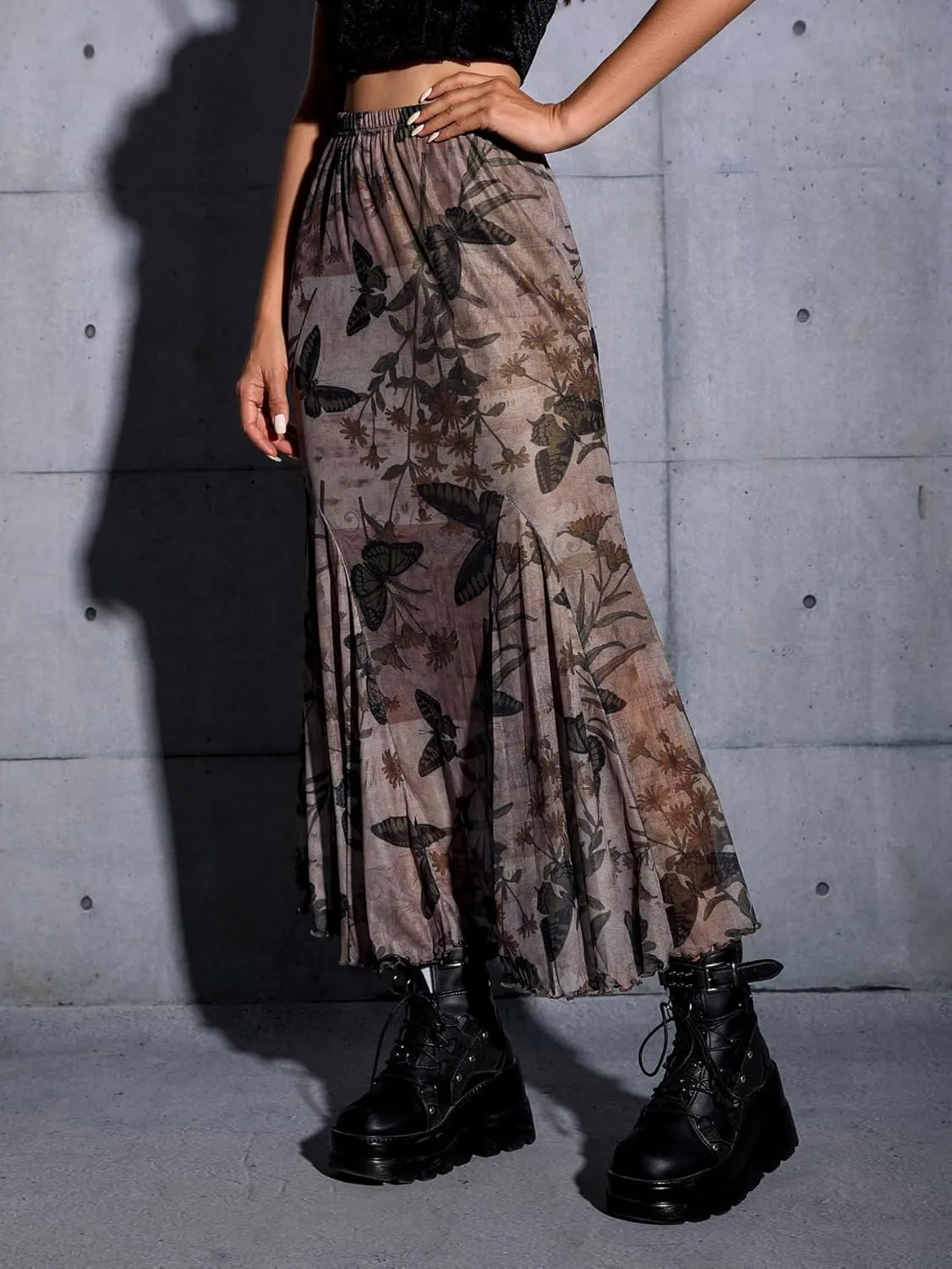 Milumia Women's Y2k Gothic Butterfly Print Mesh Maxi Skirt Flowy Long Skirts