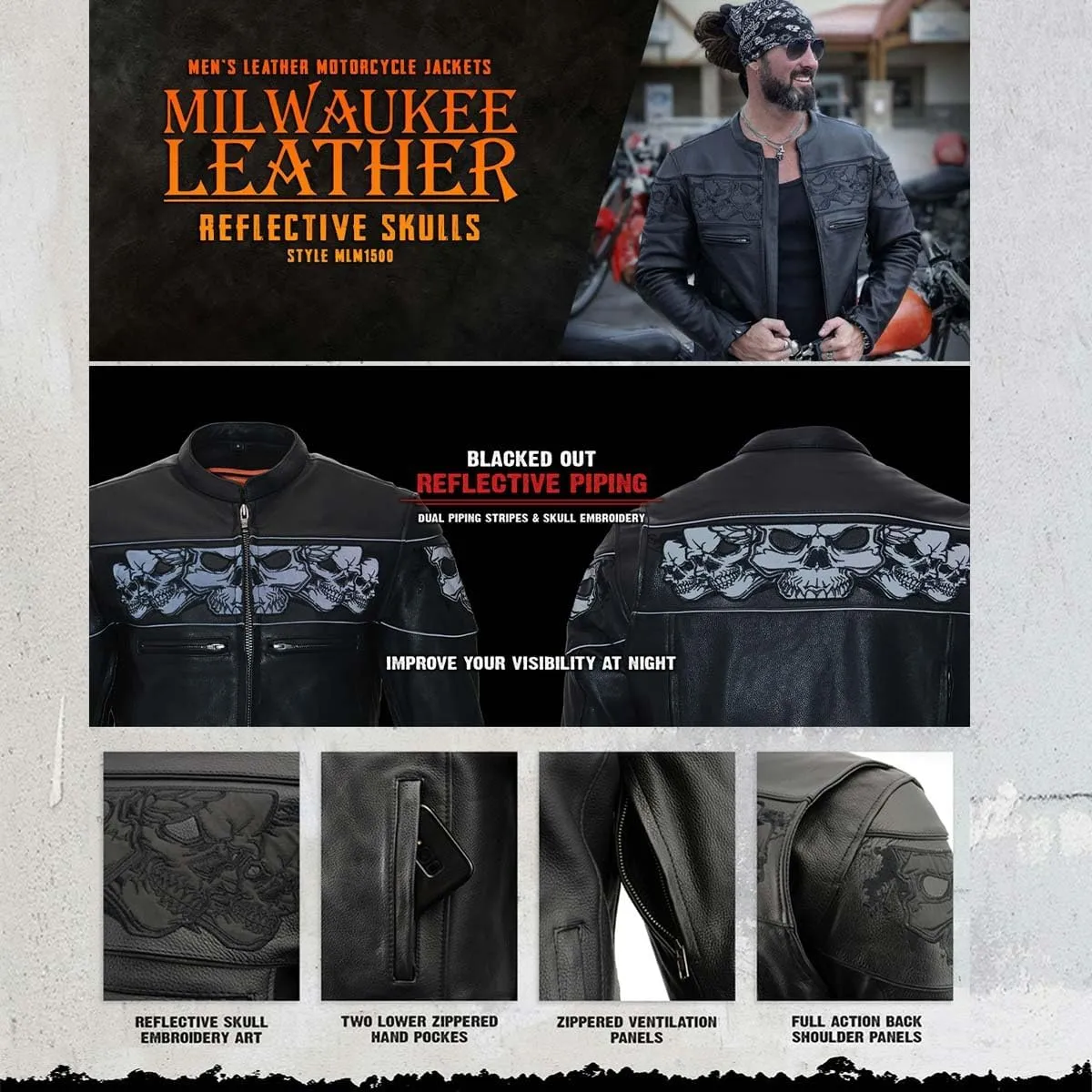 Milwaukee Leather Men's Premium Leather Vented Motorcycle Scooter Jacket w/Removable Liner | MLMXX - Large