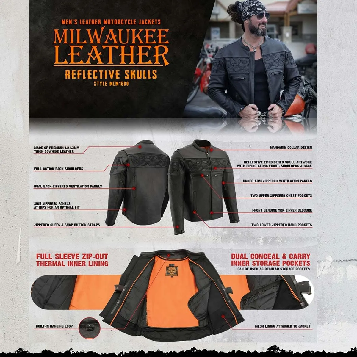 Milwaukee Leather Men's Premium Leather Vented Motorcycle Scooter Jacket w/Removable Liner | MLMXX - Large