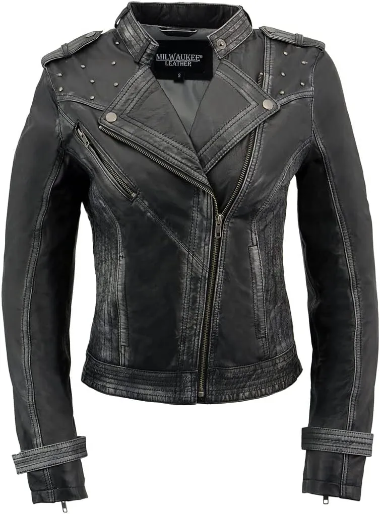 Milwaukee Leather Women's Maiden Aqua Premium Sheepskin Motorcycle Fashion Leather Jacket with Studs SFL2840