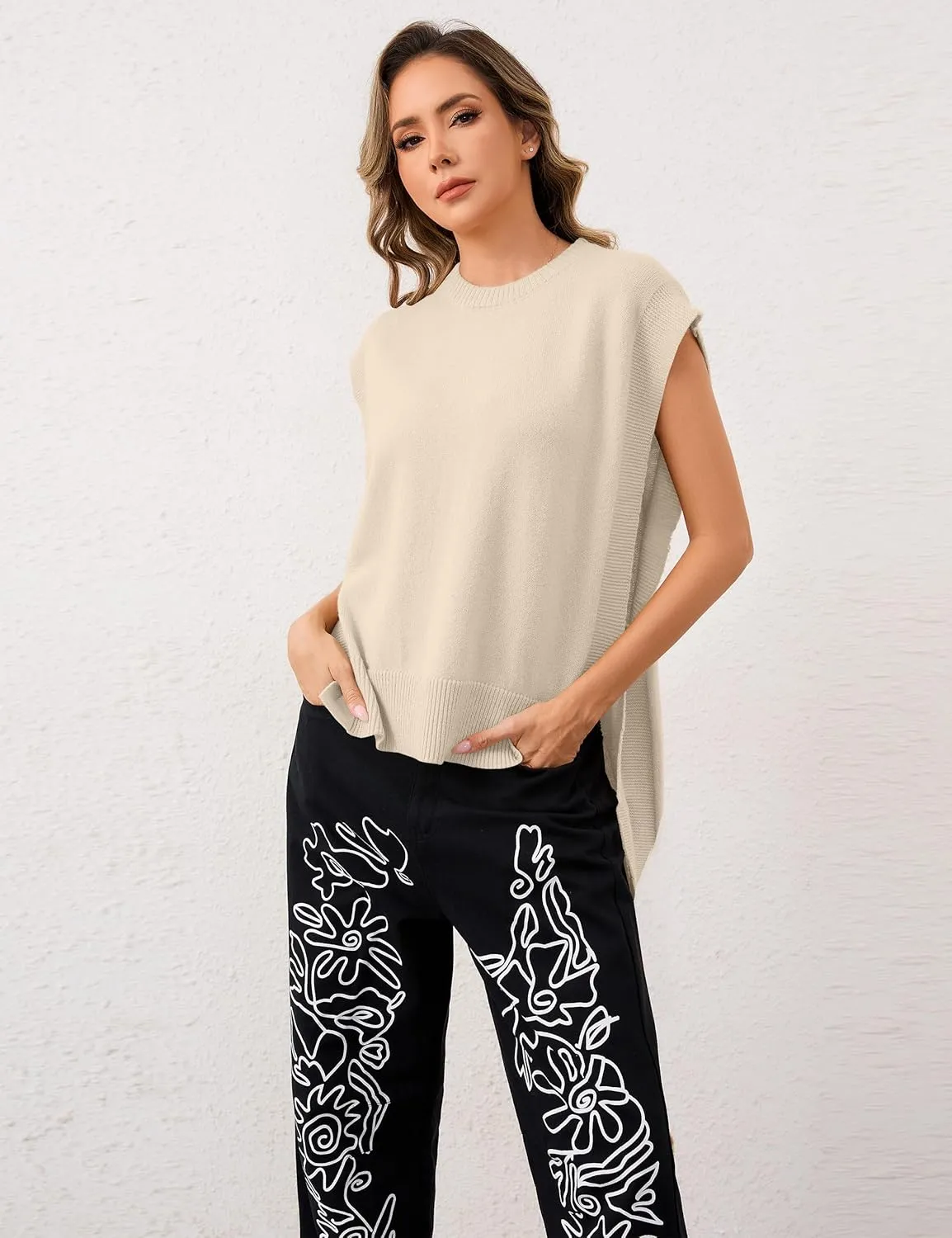 MISSACTIVER Women Oversized Round Neck Sleeveless Sweater Vest Knit High Low Hem Side Tie Solid Color Pullover Tank Tops