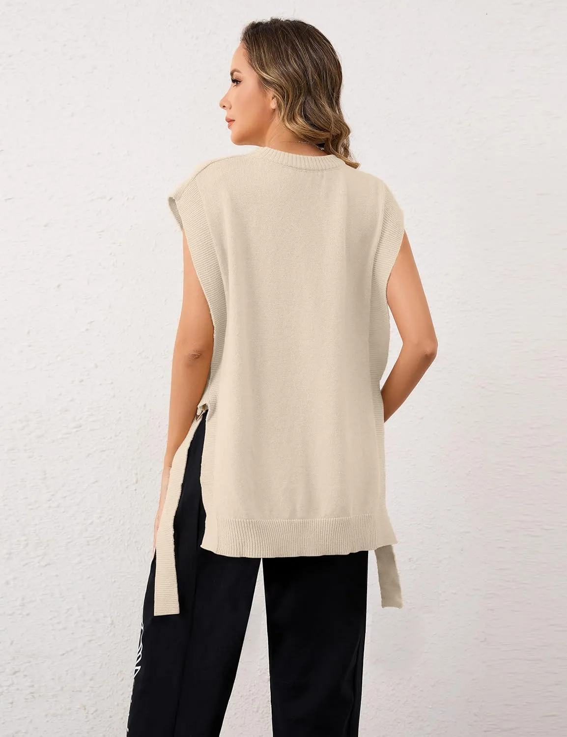 MISSACTIVER Women Oversized Round Neck Sleeveless Sweater Vest Knit High Low Hem Side Tie Solid Color Pullover Tank Tops