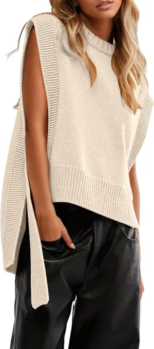 MISSACTIVER Women Oversized Round Neck Sleeveless Sweater Vest Knit High Low Hem Side Tie Solid Color Pullover Tank Tops