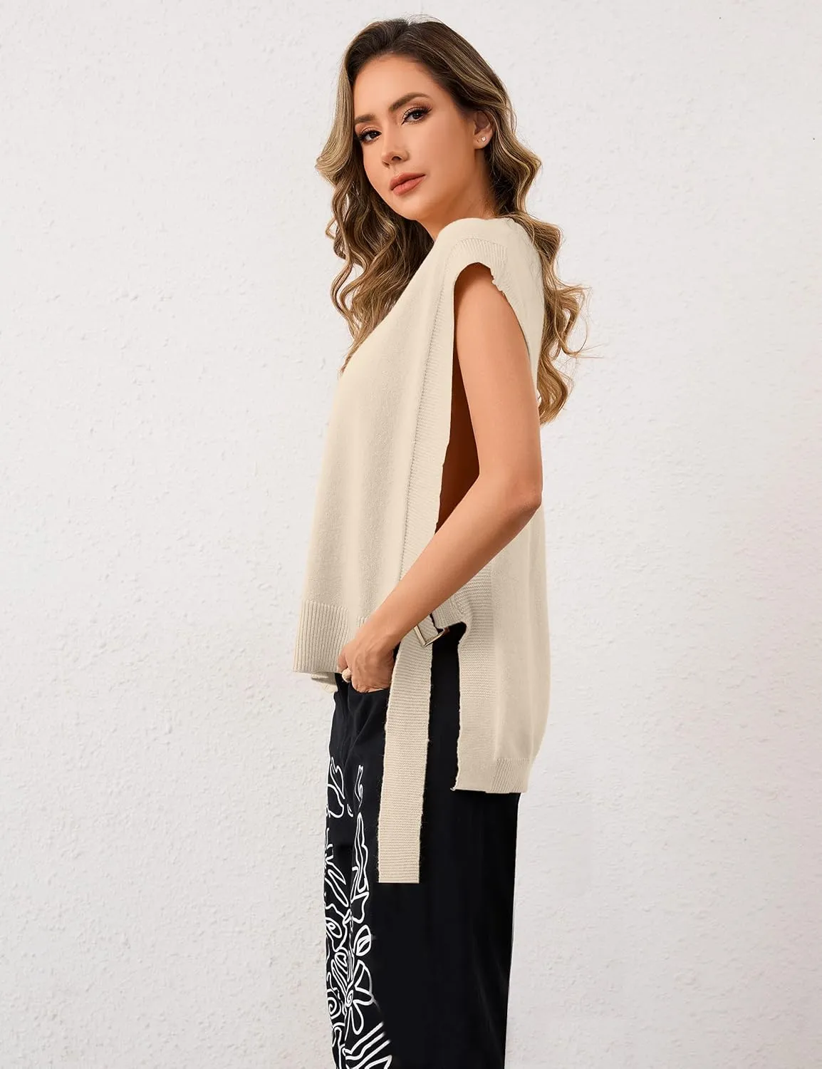 MISSACTIVER Women Oversized Round Neck Sleeveless Sweater Vest Knit High Low Hem Side Tie Solid Color Pullover Tank Tops