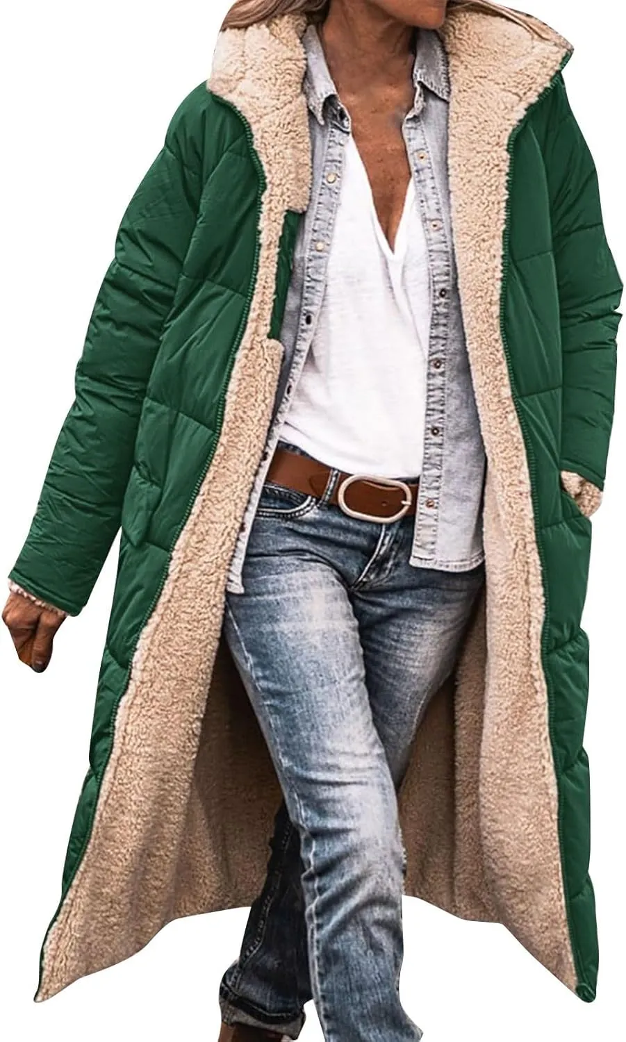 Miyaomn Ladies Womens Jumpsuits Womens 2023 Warm Winter Padded Coats Reversible Sherpa Fleece Lined Long Hooded Puffer Jackets Outerwear with Pockets(Green,Large)