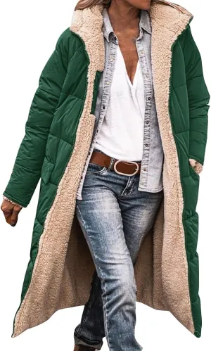 Miyaomn Ladies Womens Jumpsuits Womens 2023 Warm Winter Padded Coats Reversible Sherpa Fleece Lined Long Hooded Puffer Jackets Outerwear with Pockets(Green,Large)