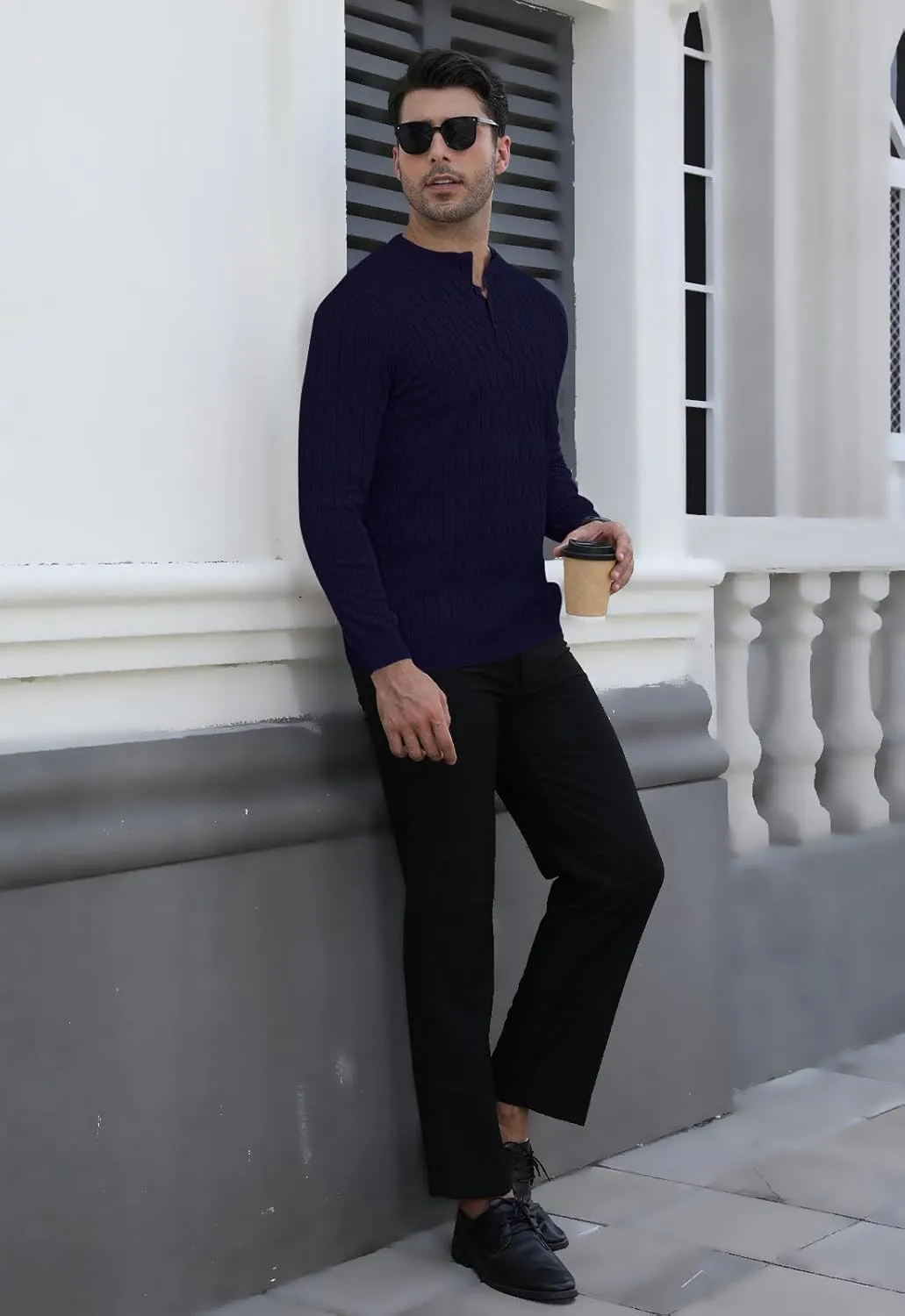 MLANM Men's Henley Knit Sweaters Long Sleeve Pullover Sweater Casual Fashion Thermal Sweaters