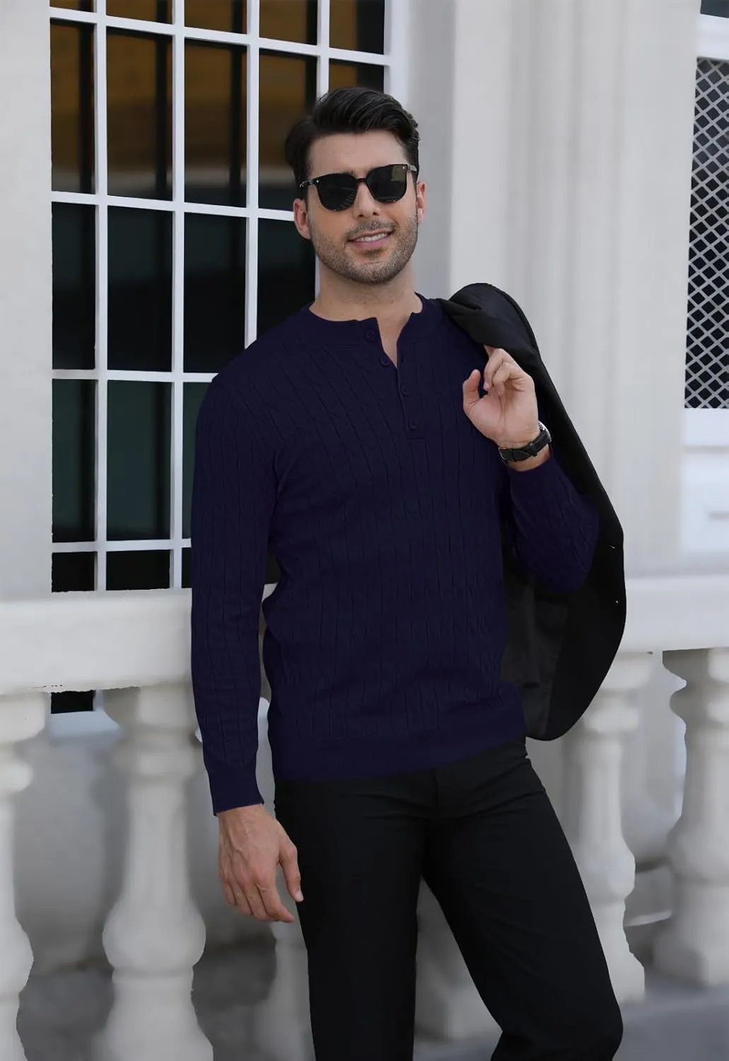 MLANM Men's Henley Knit Sweaters Long Sleeve Pullover Sweater Casual Fashion Thermal Sweaters
