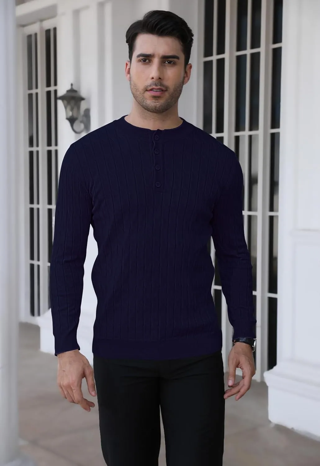 MLANM Men's Henley Knit Sweaters Long Sleeve Pullover Sweater Casual Fashion Thermal Sweaters