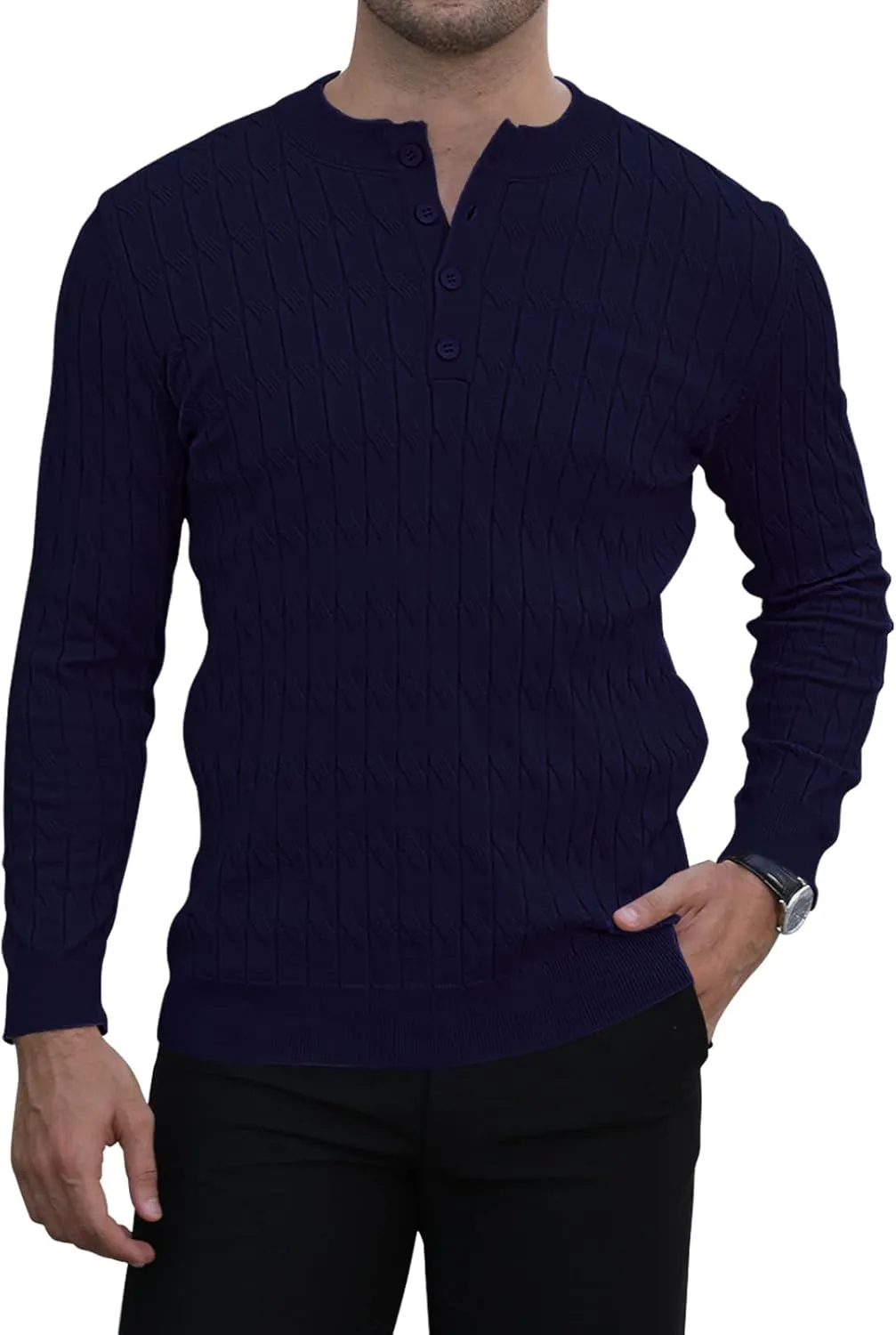 MLANM Men's Henley Knit Sweaters Long Sleeve Pullover Sweater Casual Fashion Thermal Sweaters