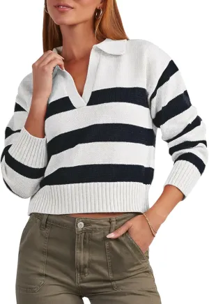 Mutitop Womens Striped Collared Sweater V Neck Long Sleeve Oversize Ribbed Knit Pullover Casual Fall Chunky Sweater