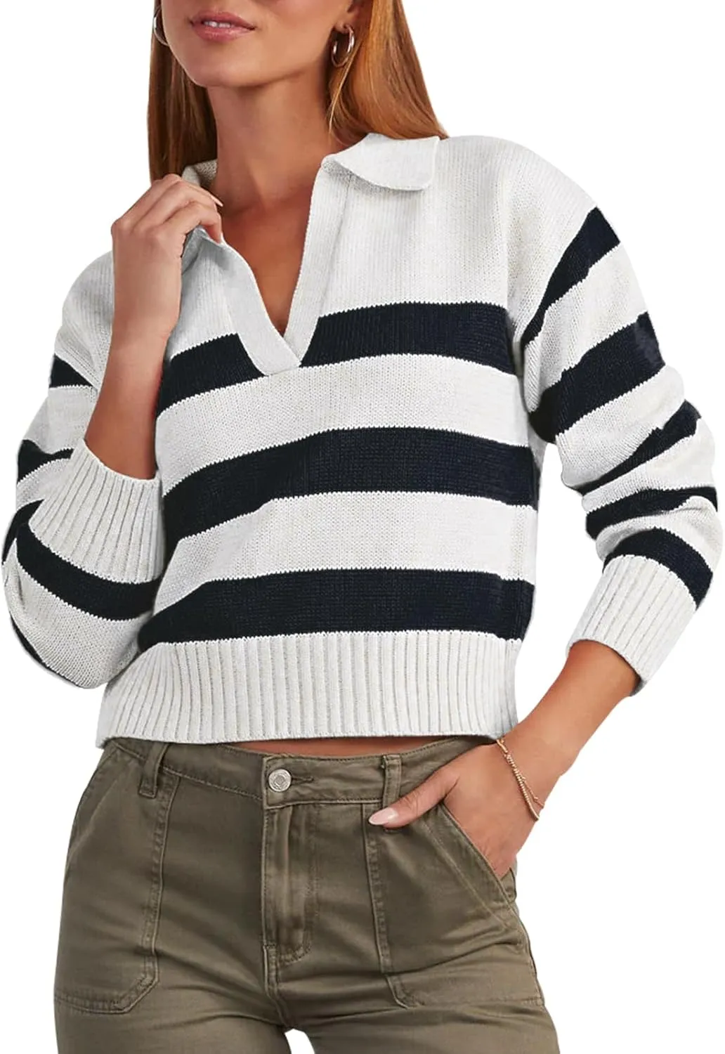 Mutitop Womens Striped Collared Sweater V Neck Long Sleeve Oversize Ribbed Knit Pullover Casual Fall Chunky Sweater