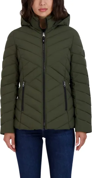 Nautica Women's Short Stretch Lightweight Puffer Jacket with Removeable Hood