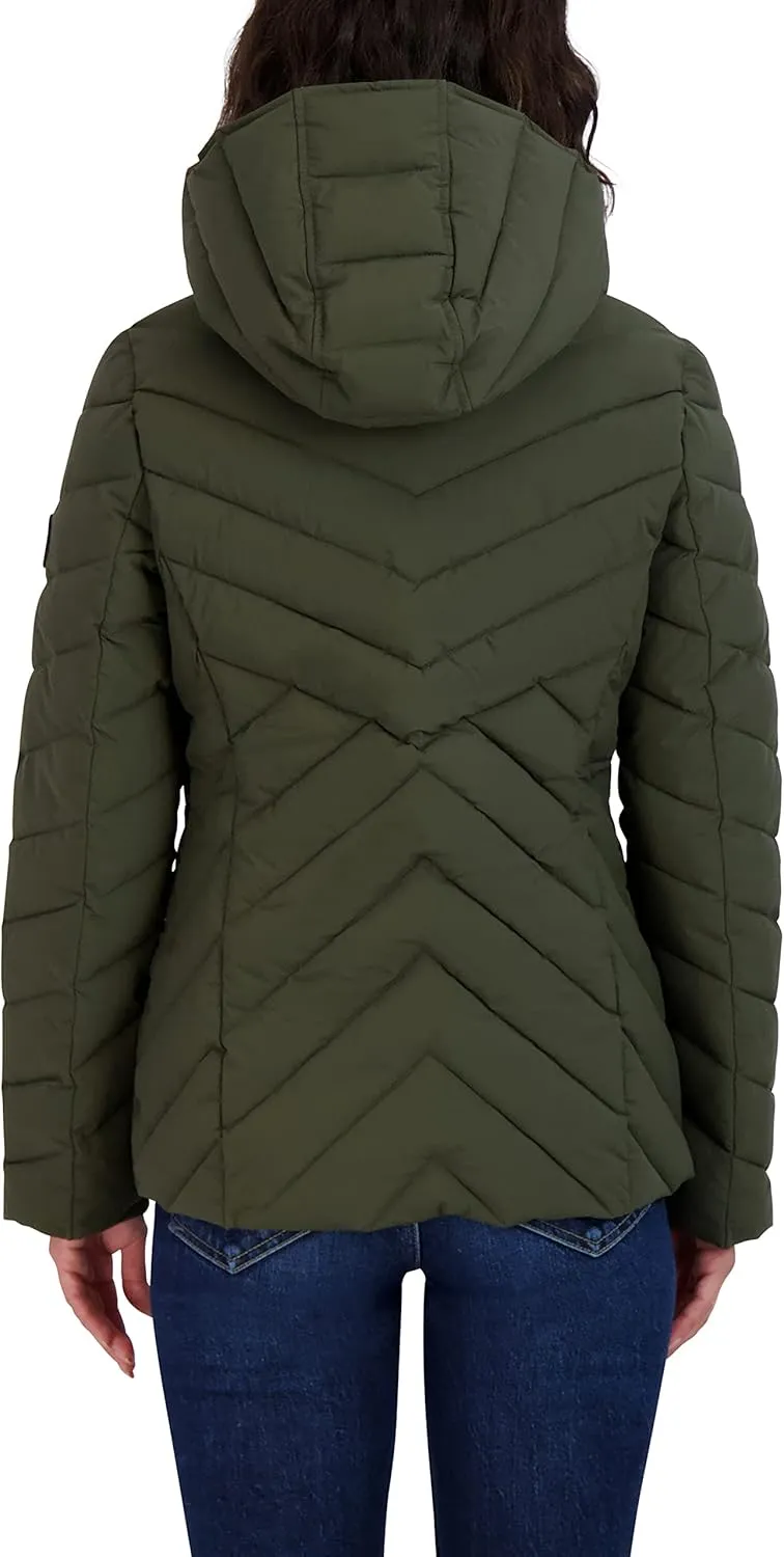 Nautica Women's Short Stretch Lightweight Puffer Jacket with Removeable Hood