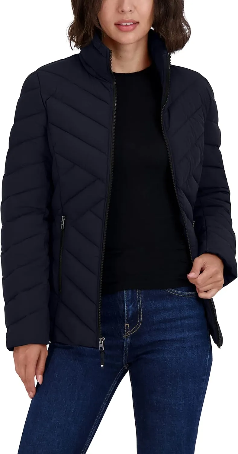Nautica Women's Short Stretch Lightweight Puffer Jacket with Removeable Hood