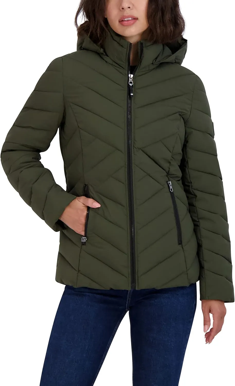 Nautica Women's Short Stretch Lightweight Puffer Jacket with Removeable Hood