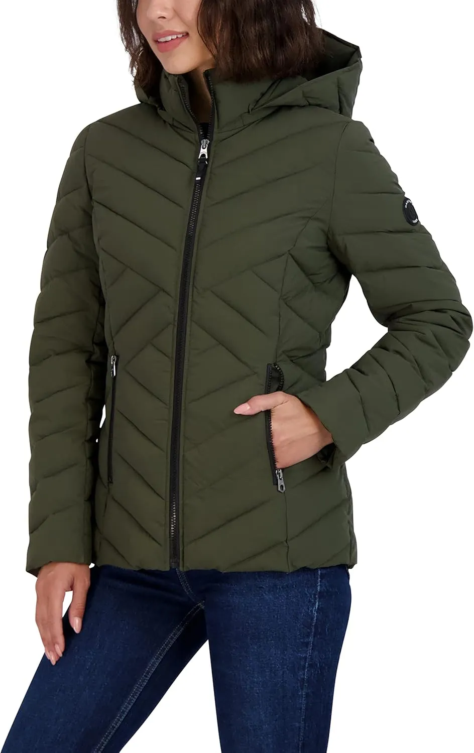 Nautica Women's Short Stretch Lightweight Puffer Jacket with Removeable Hood