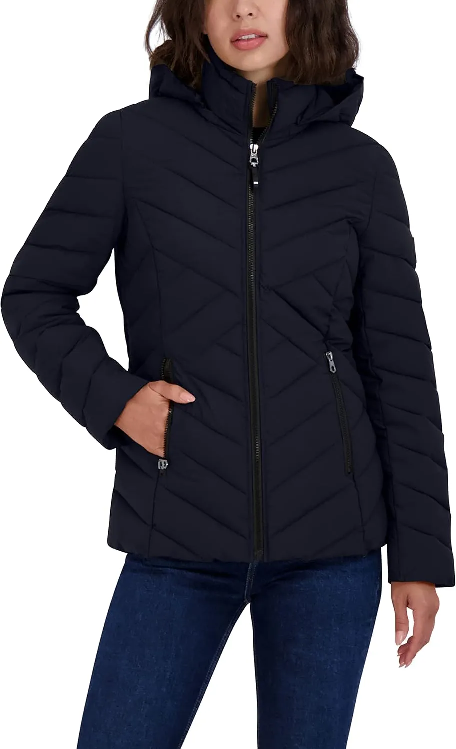 Nautica Women's Short Stretch Lightweight Puffer Jacket with Removeable Hood