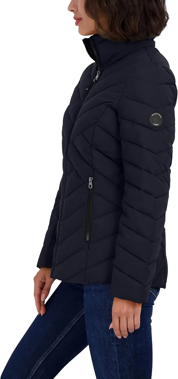 Nautica Women's Short Stretch Lightweight Puffer Jacket with Removeable Hood