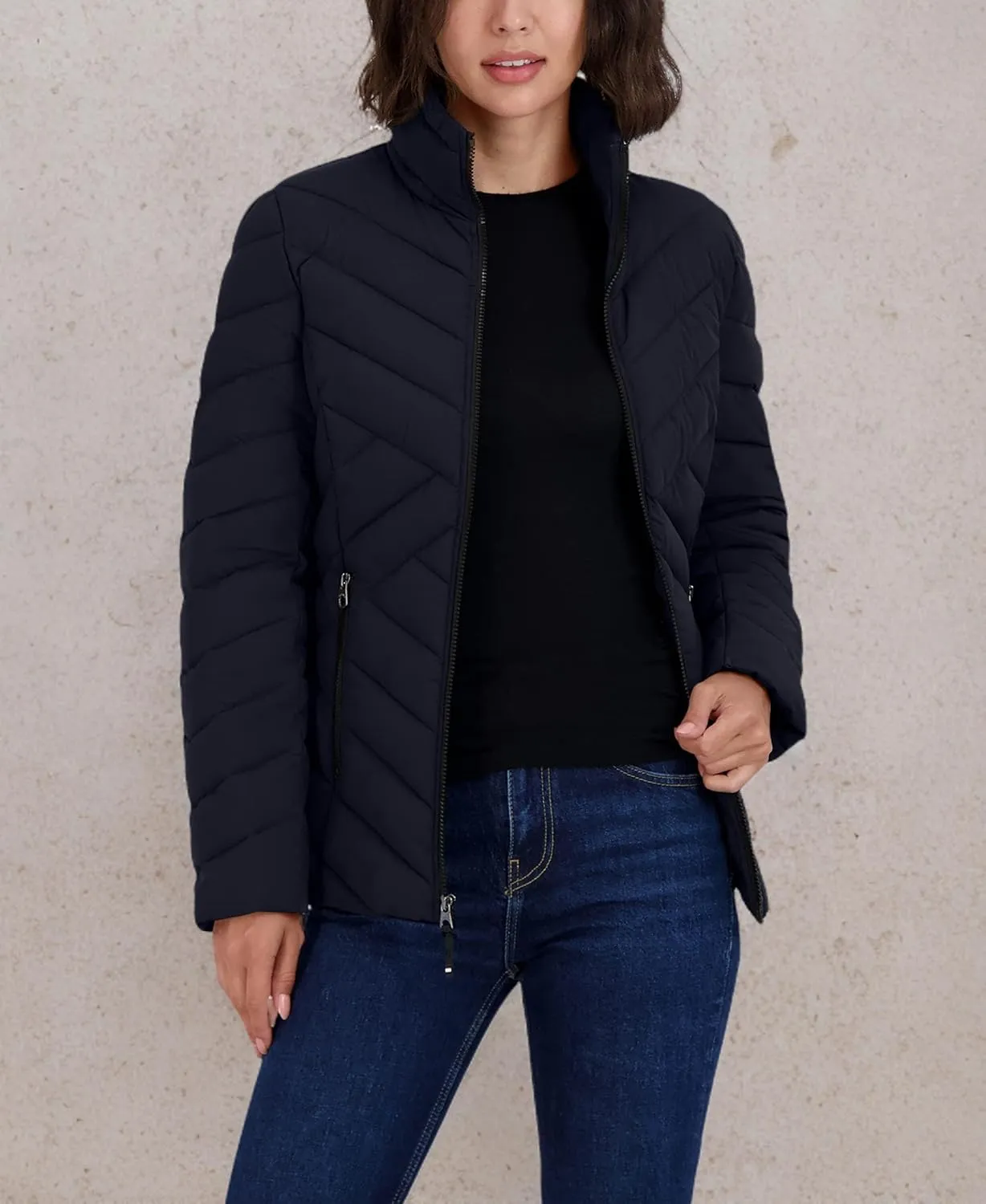 Nautica Women's Short Stretch Lightweight Puffer Jacket with Removeable Hood