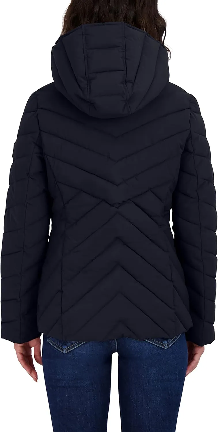 Nautica Women's Short Stretch Lightweight Puffer Jacket with Removeable Hood