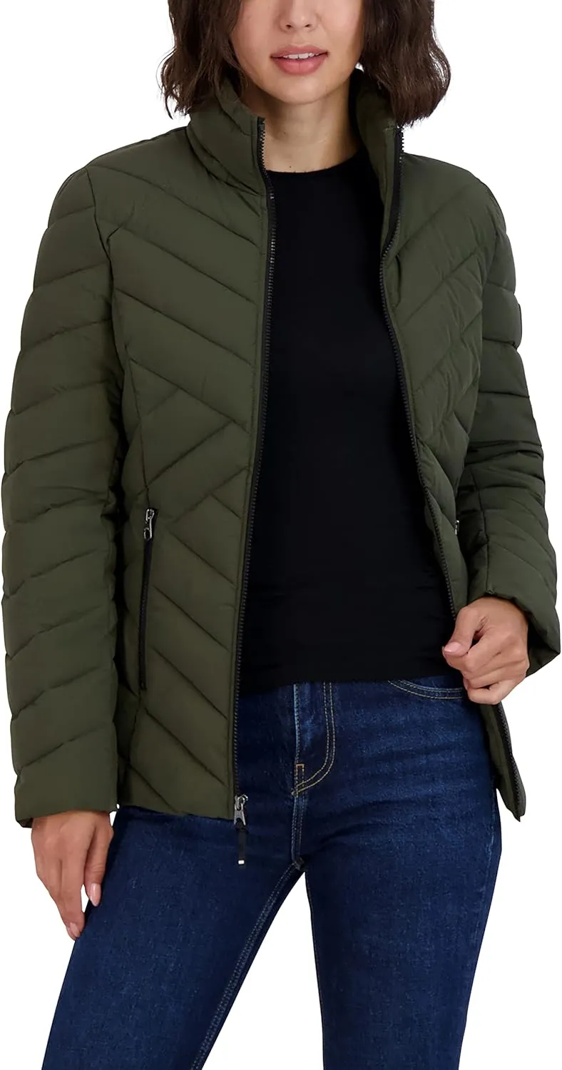 Nautica Women's Short Stretch Lightweight Puffer Jacket with Removeable Hood