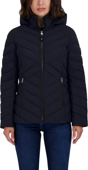 Nautica Women's Short Stretch Lightweight Puffer Jacket with Removeable Hood