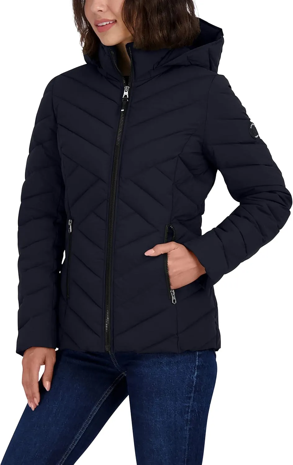 Nautica Women's Short Stretch Lightweight Puffer Jacket with Removeable Hood