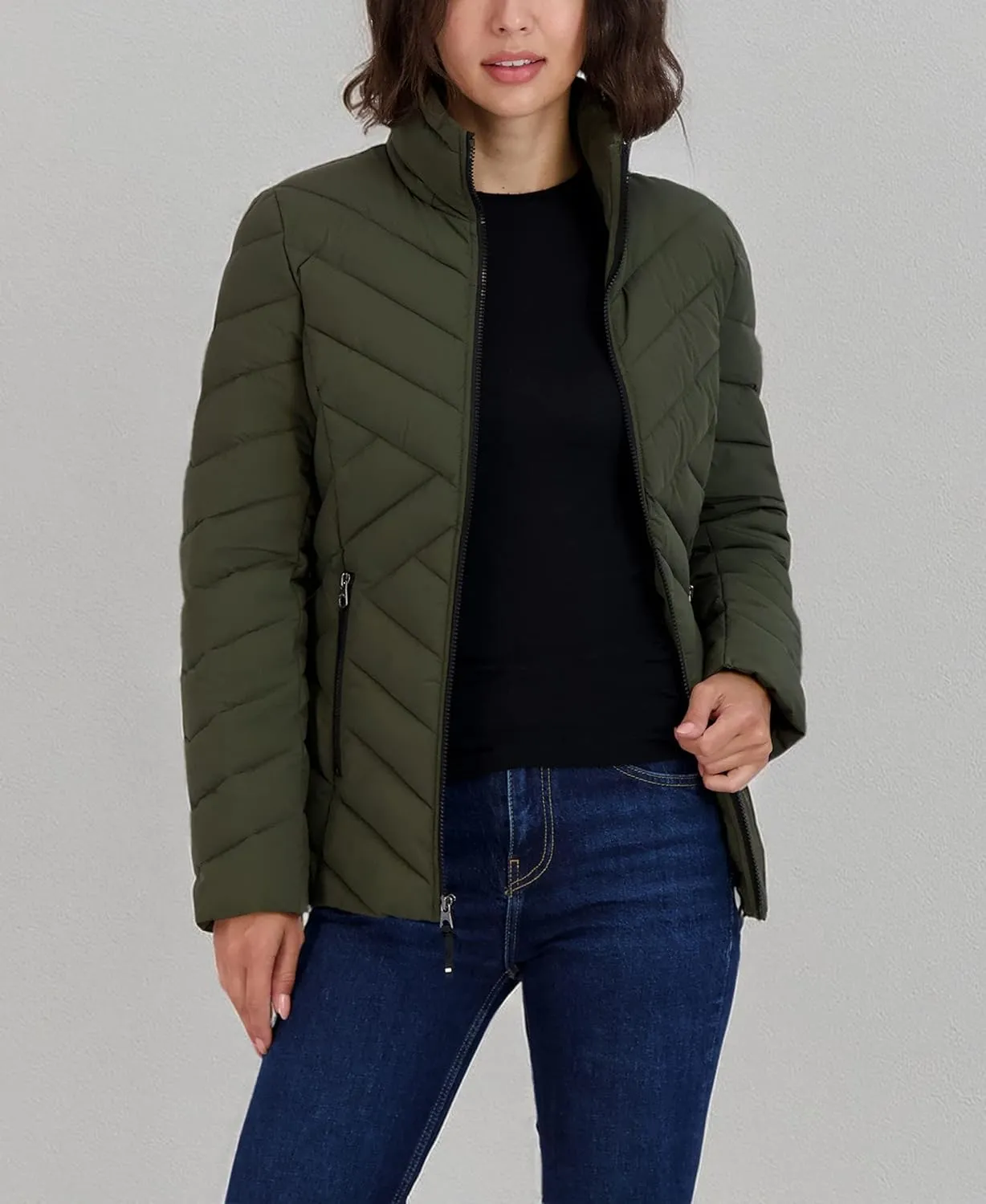 Nautica Women's Short Stretch Lightweight Puffer Jacket with Removeable Hood
