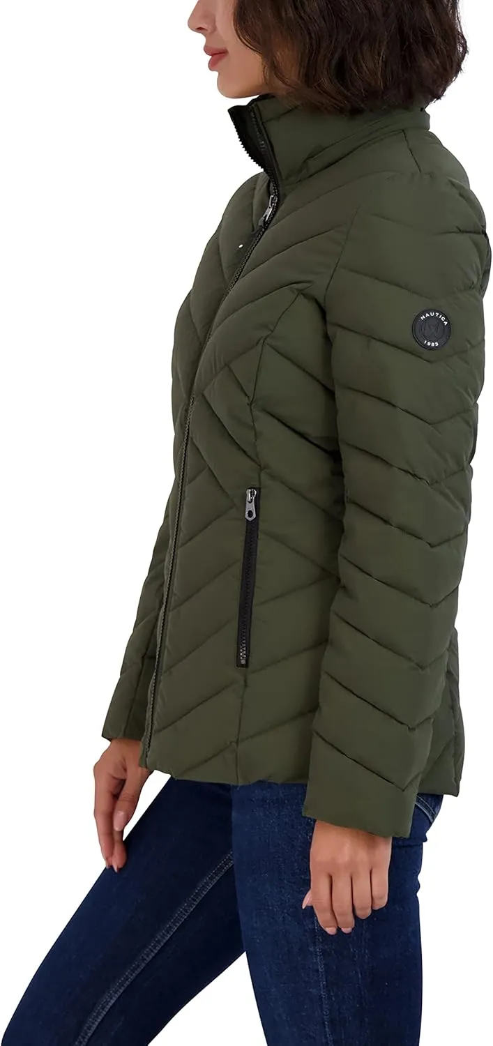 Nautica Women's Short Stretch Lightweight Puffer Jacket with Removeable Hood