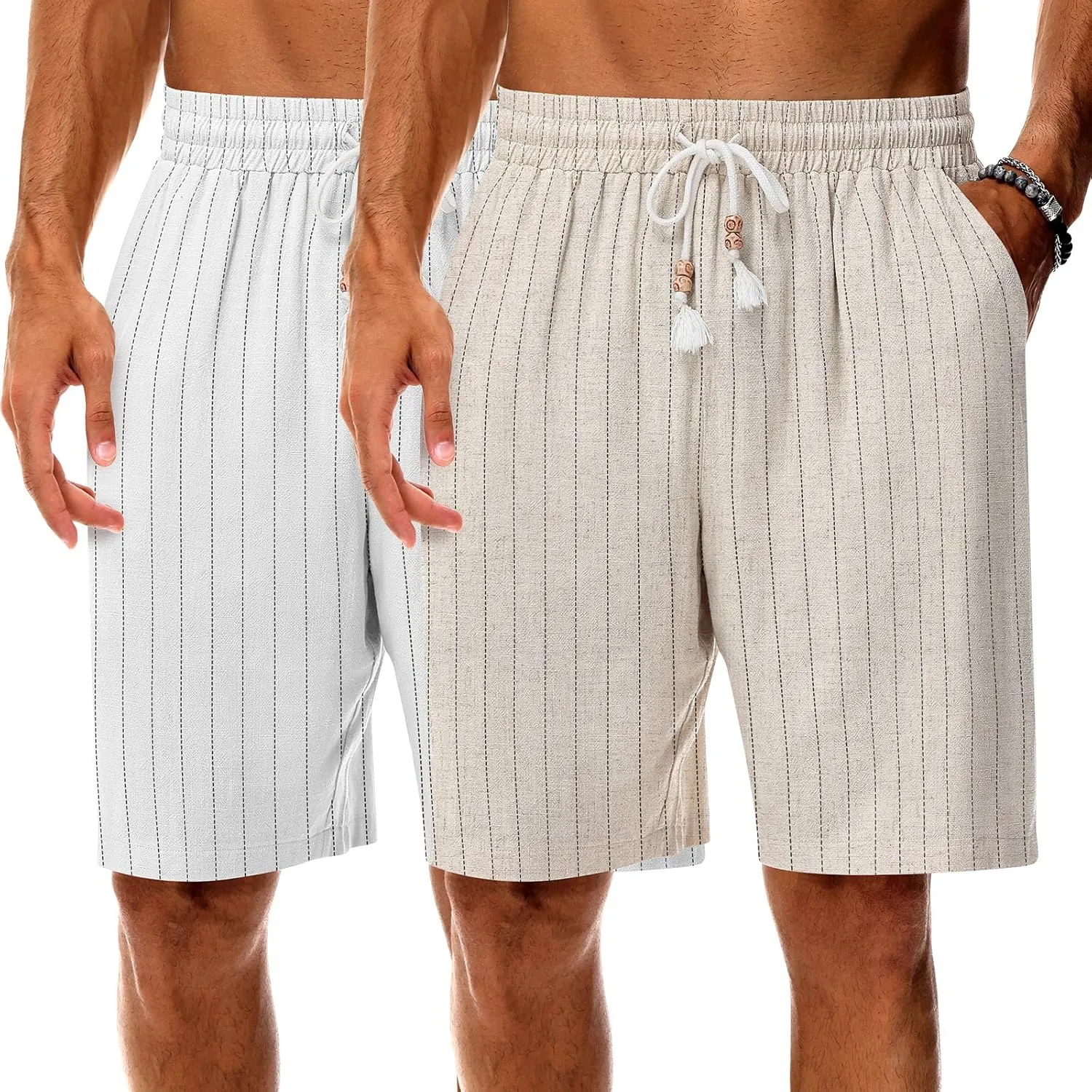Neer 2 Pack Men's Linen Shorts, Casual Lightweight Drawstring Shorts 9 Inch Inseam Elastic Waist Short Pants with Pockets