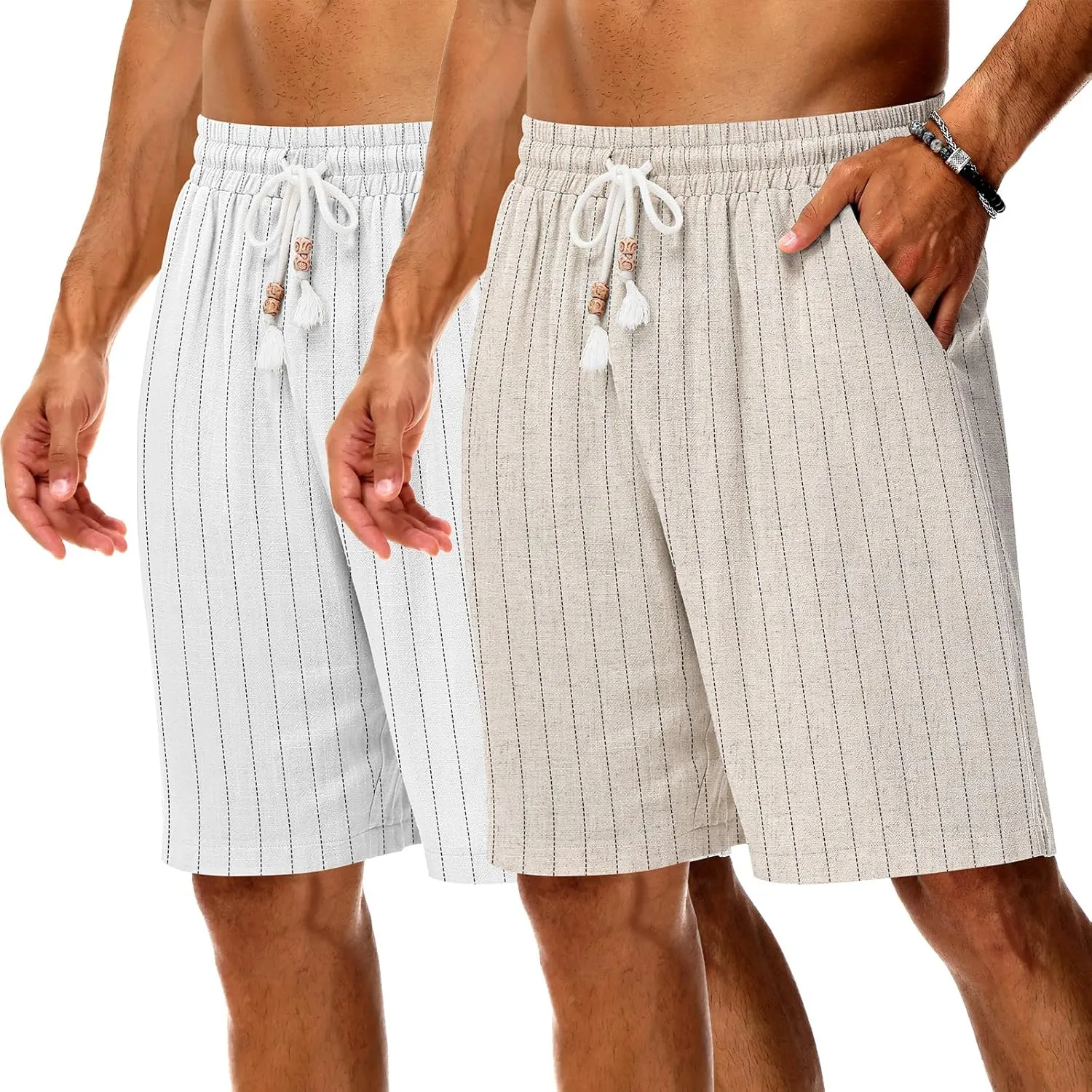 Neer 2 Pack Men's Linen Shorts, Casual Lightweight Drawstring Shorts 9 Inch Inseam Elastic Waist Short Pants with Pockets