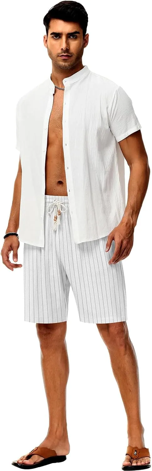 Neer 2 Pack Men's Linen Shorts, Casual Lightweight Drawstring Shorts 9 Inch Inseam Elastic Waist Short Pants with Pockets