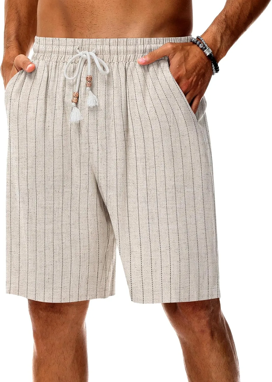 Neer 2 Pack Men's Linen Shorts, Casual Lightweight Drawstring Shorts 9 Inch Inseam Elastic Waist Short Pants with Pockets