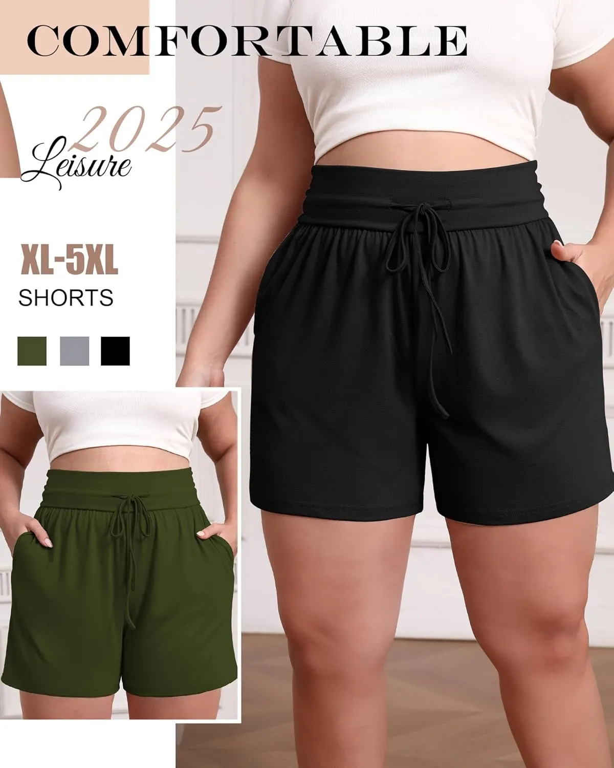 Neer 3 Pack Women's Plus Size Sweat Shorts, Cotton Drawstring Lounge Shorts Casual Summer Lightweight Soft Short with Pockets