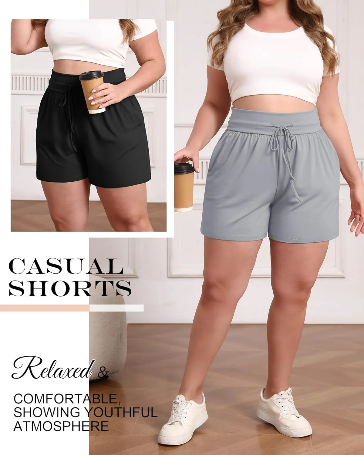 Neer 3 Pack Women's Plus Size Sweat Shorts, Cotton Drawstring Lounge Shorts Casual Summer Lightweight Soft Short with Pockets