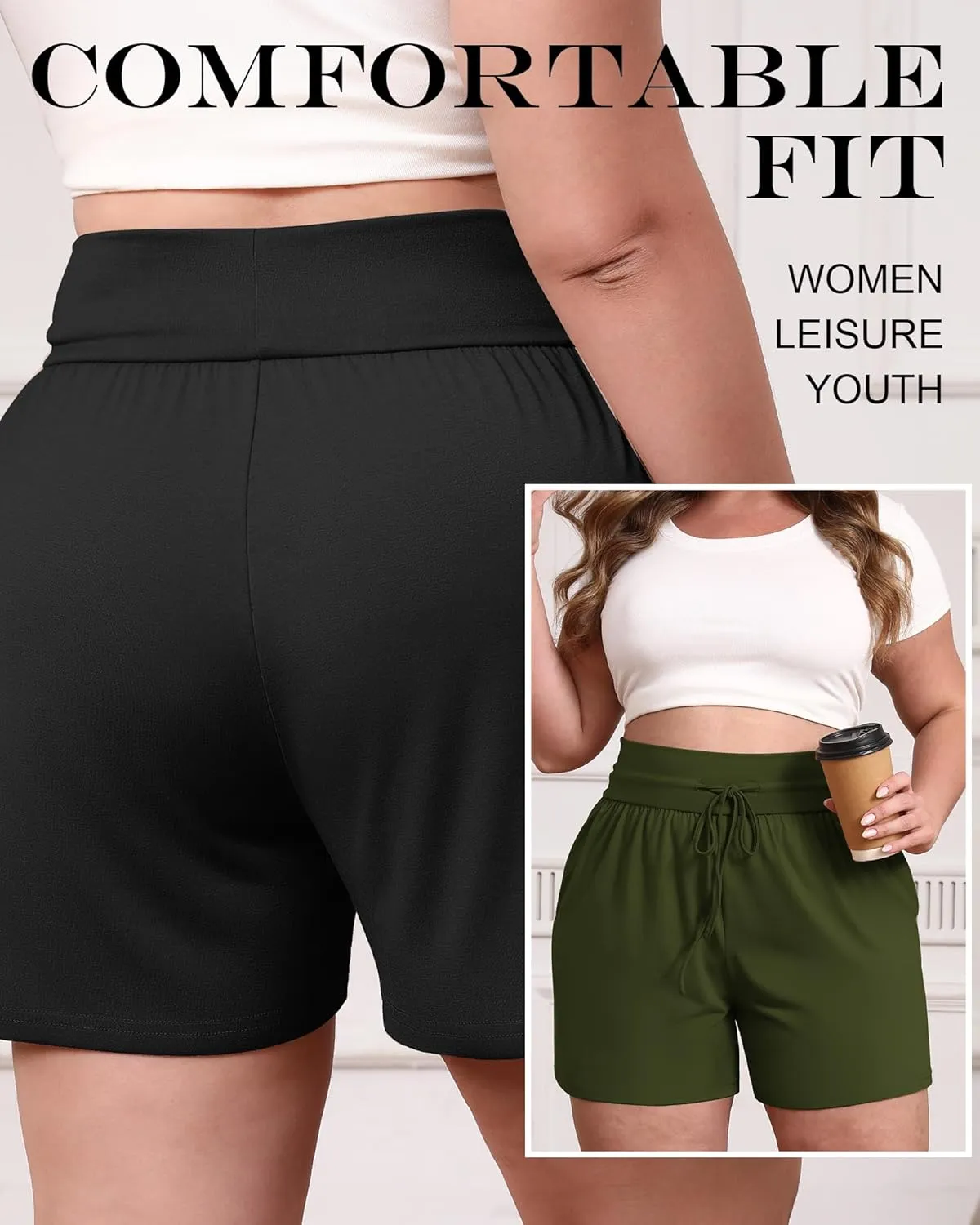 Neer 3 Pack Women's Plus Size Sweat Shorts, Cotton Drawstring Lounge Shorts Casual Summer Lightweight Soft Short with Pockets