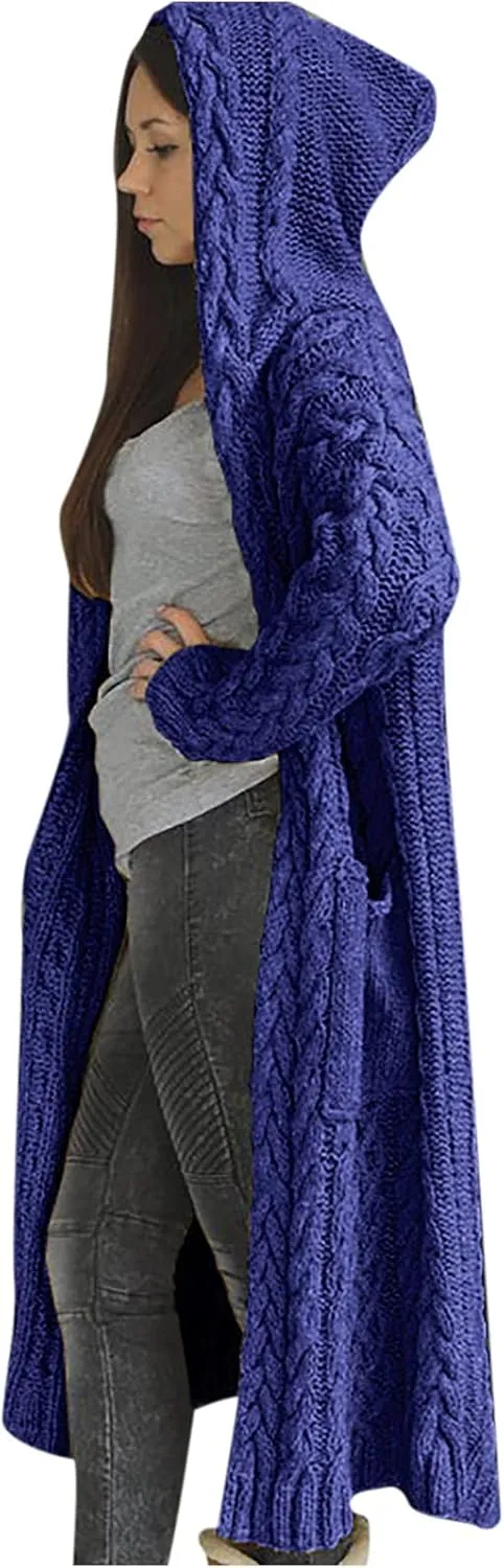 nerohusy Women's Long Cardigan Coats Cable Knit Sweaters Casual Open Front Long Sleeve Outerwear Loose Sweater with Pockets