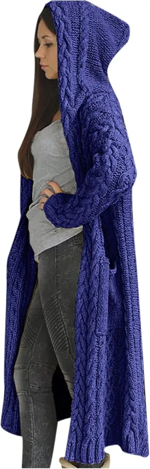 nerohusy Women's Long Cardigan Coats Cable Knit Sweaters Casual Open Front Long Sleeve Outerwear Loose Sweater with Pockets