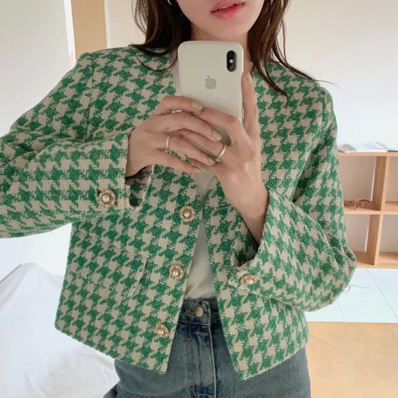 New Women's Vintage Houndstooth Short Jackets Fall Korean Elegance V-neck Loose OL Cropped Female's Coats Casual Outwear Tops