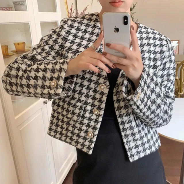 New Women's Vintage Houndstooth Short Jackets Fall Korean Elegance V-neck Loose OL Cropped Female's Coats Casual Outwear Tops
