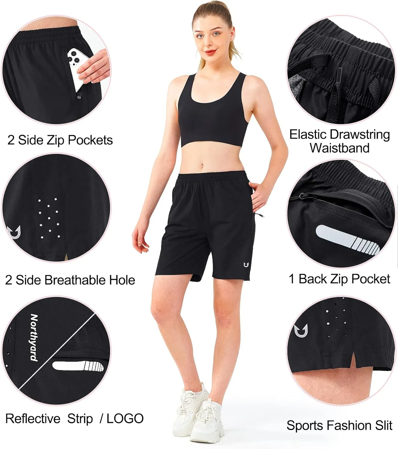 NORTHYARD Women's Athletic Hiking Shorts Quick Dry Active Running Lightweight Shorts for Gym Workout with 3 Zipper Pockets