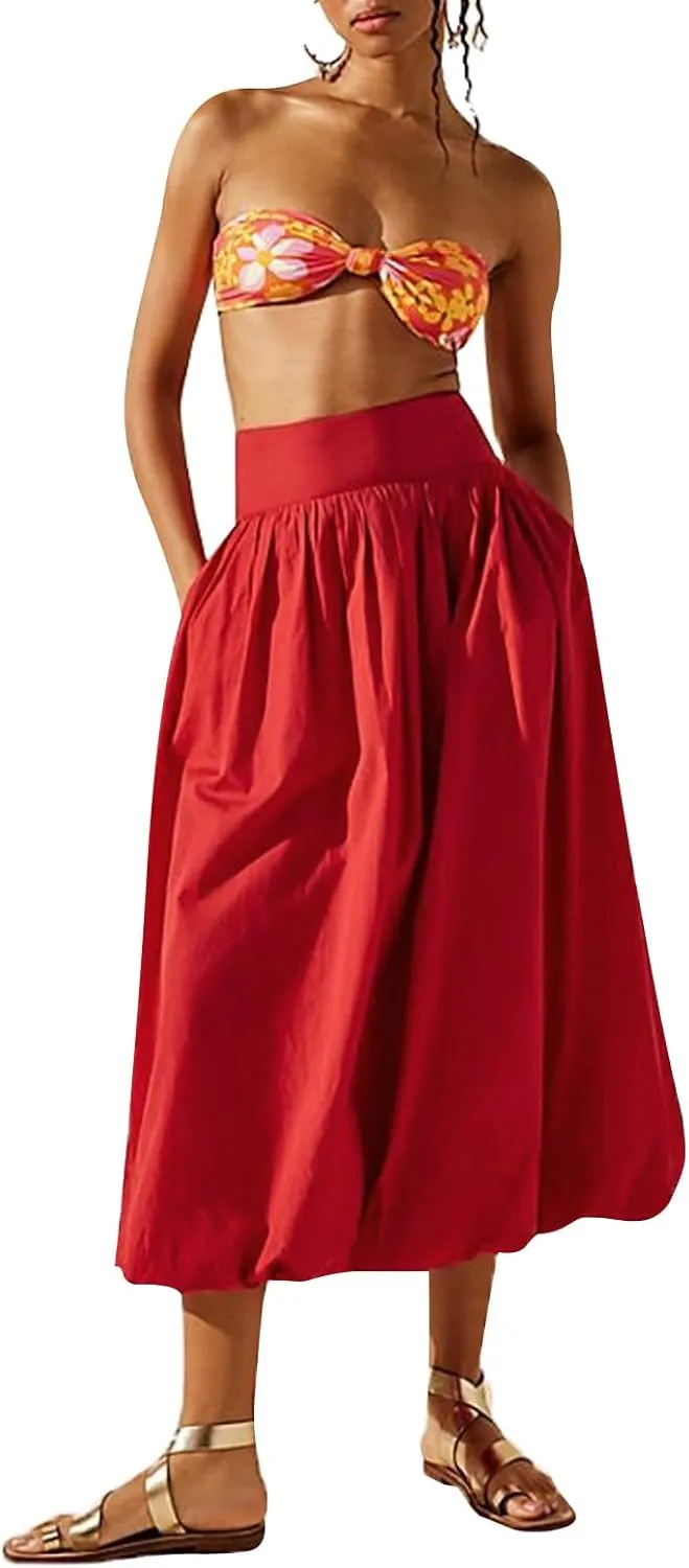 NUFIWI Women Y2k Bubble Maxi Skirt Low Elastic Waist A Line Long Skirt Summer Casual Ruffle Pleated Midi Dress