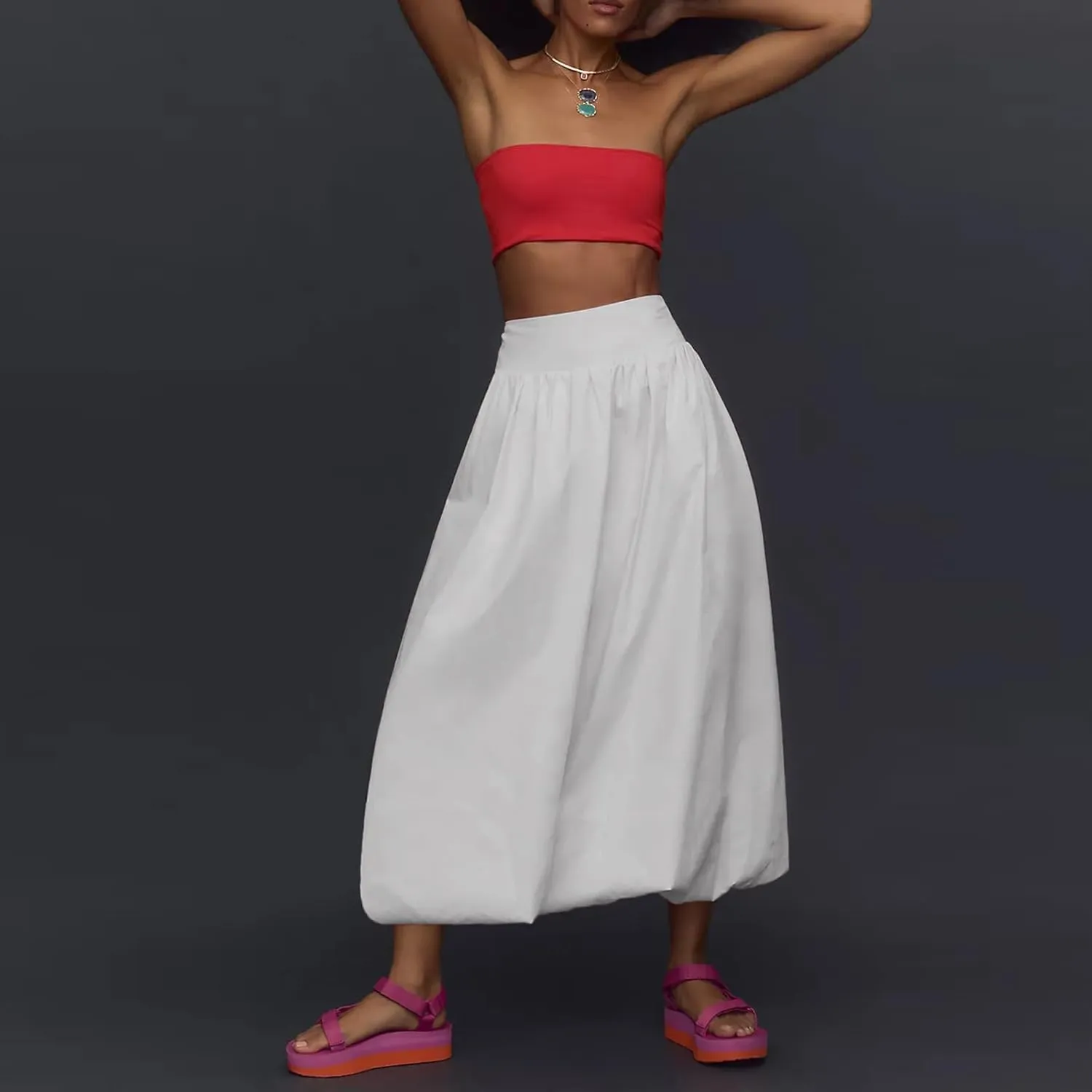 NUFIWI Women Y2k Bubble Maxi Skirt Low Elastic Waist A Line Long Skirt Summer Casual Ruffle Pleated Midi Dress