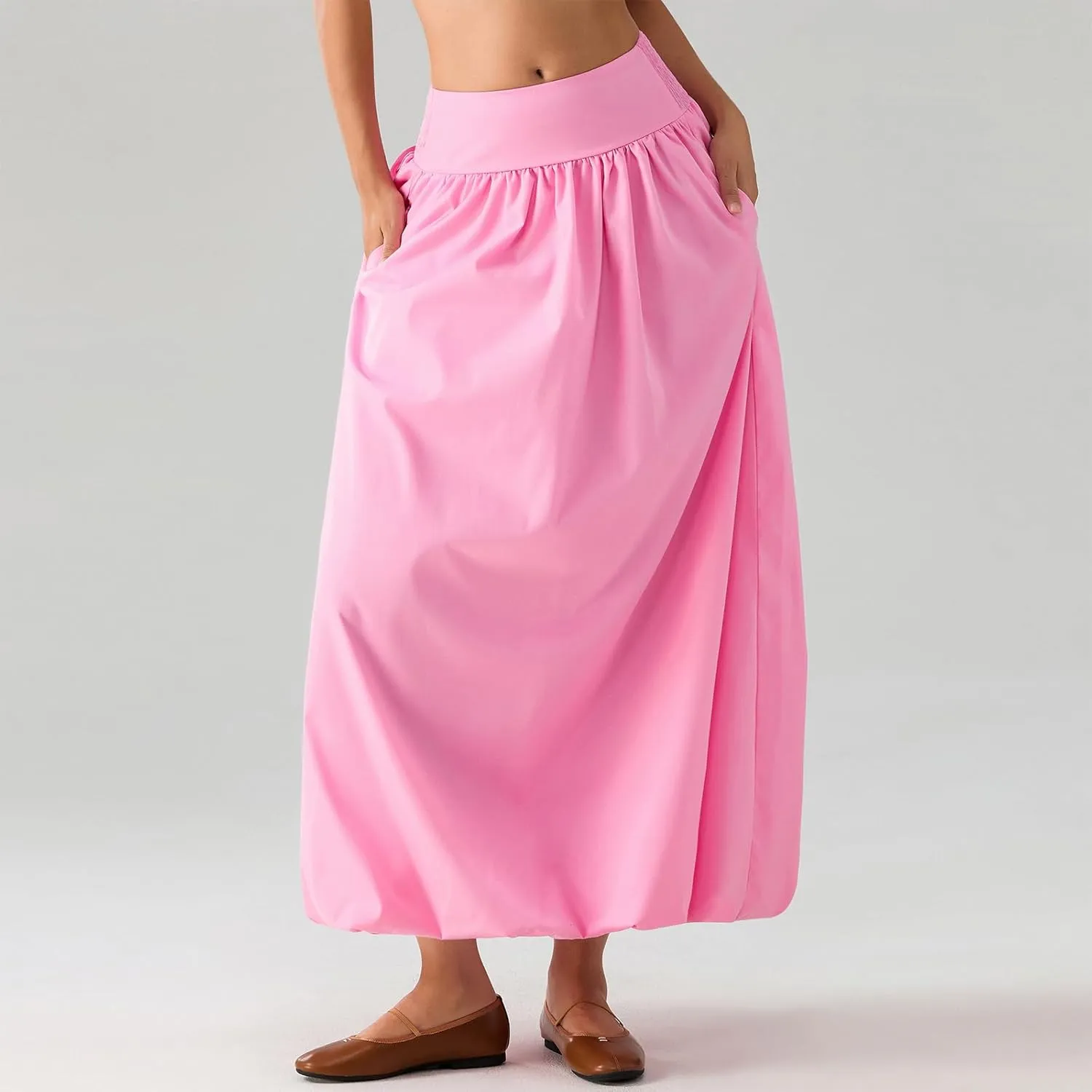 NUFIWI Women Y2k Bubble Maxi Skirt Low Elastic Waist A Line Long Skirt Summer Casual Ruffle Pleated Midi Dress