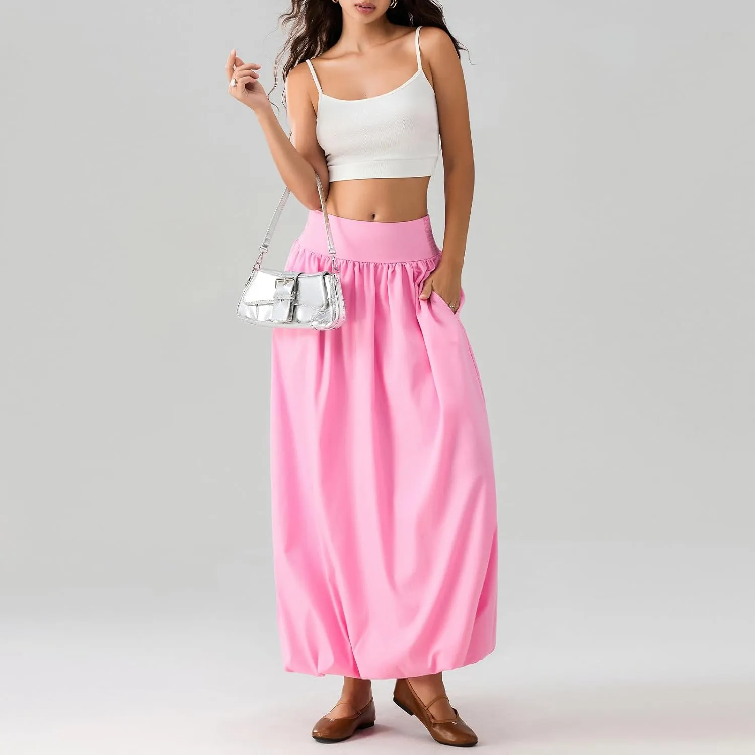 NUFIWI Women Y2k Bubble Maxi Skirt Low Elastic Waist A Line Long Skirt Summer Casual Ruffle Pleated Midi Dress